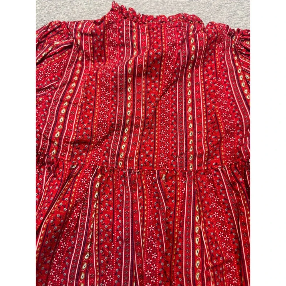 Vintage 1980s Heather Holloway Girls Prairie Dress Red Calico Floral Size 4/5